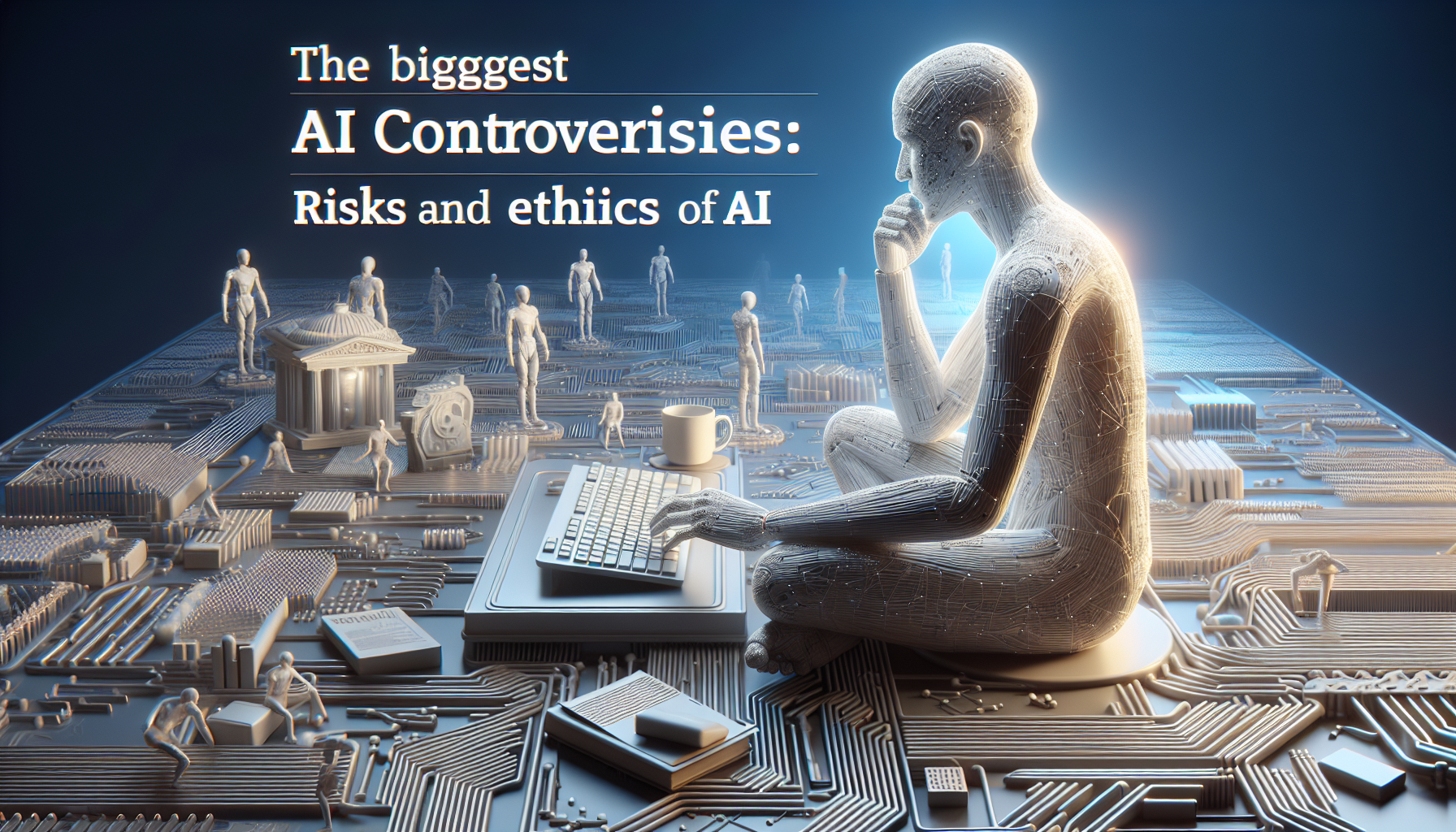 AI ethics debate with robots and people in tension.