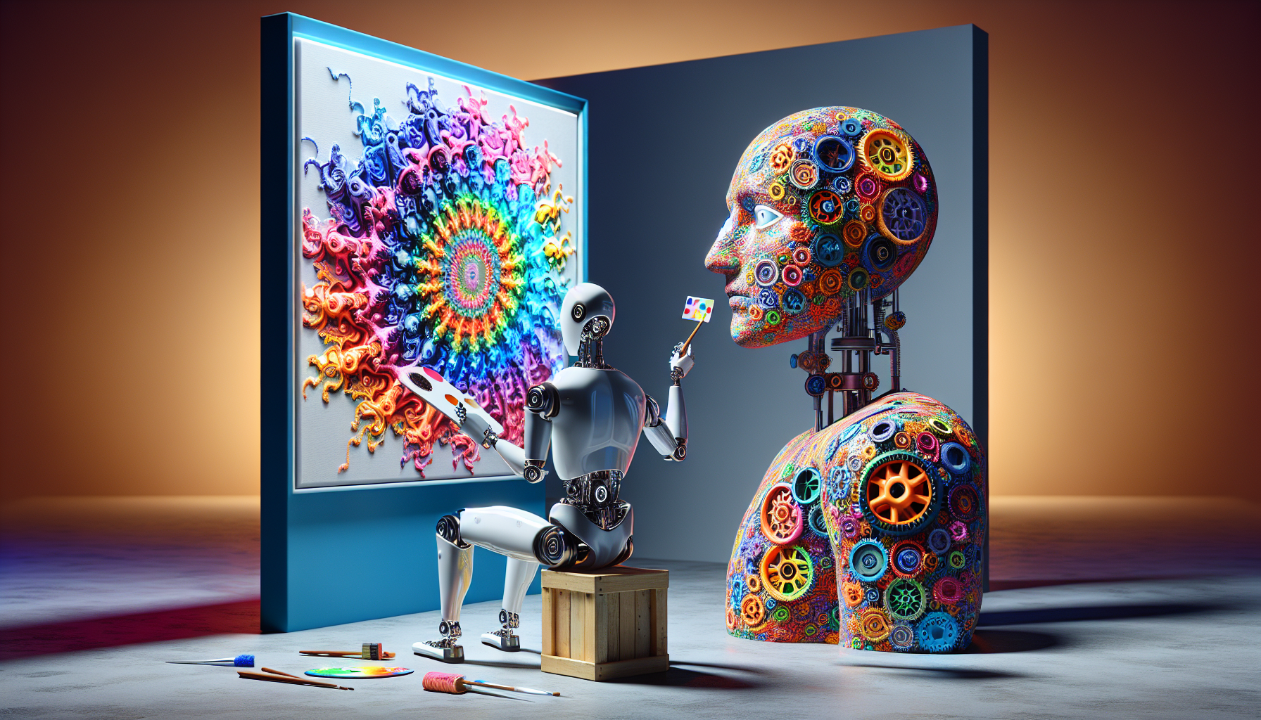 Abstract depiction of AI with gears and lightbulb.